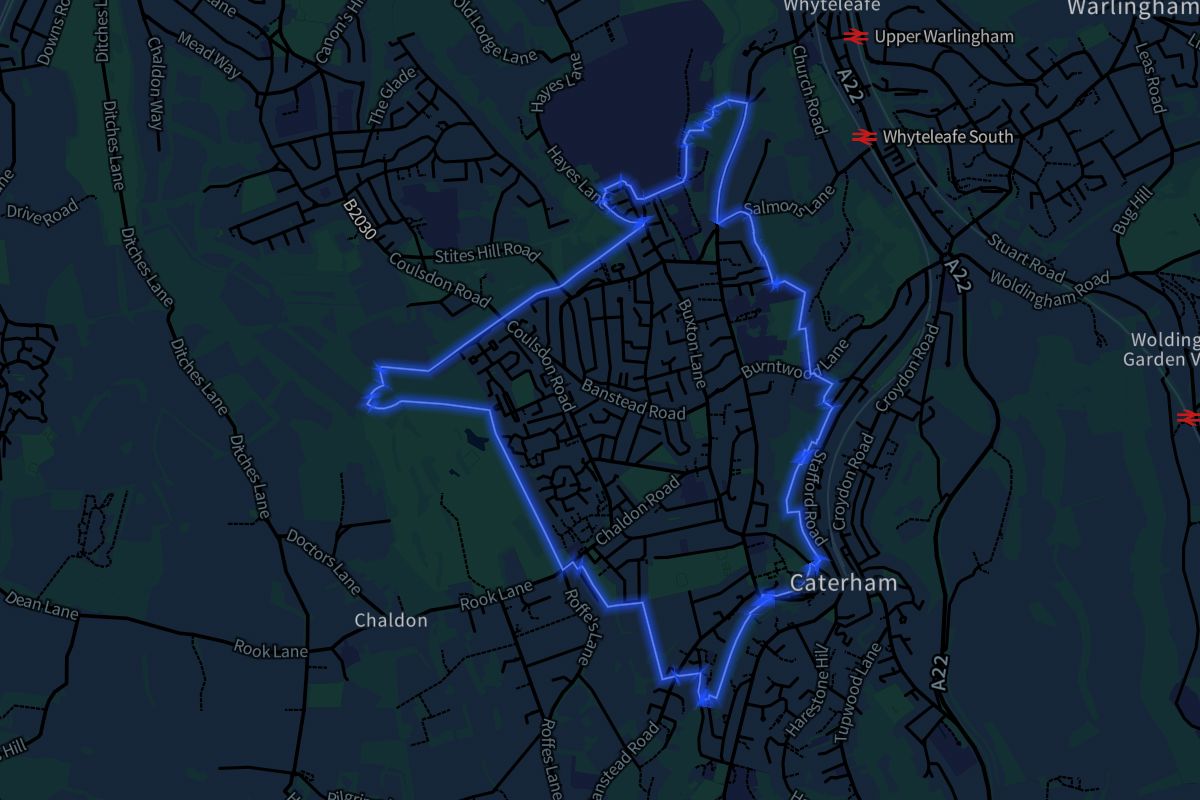 Caterham-on-the-Hill geographic boundaries dark outline