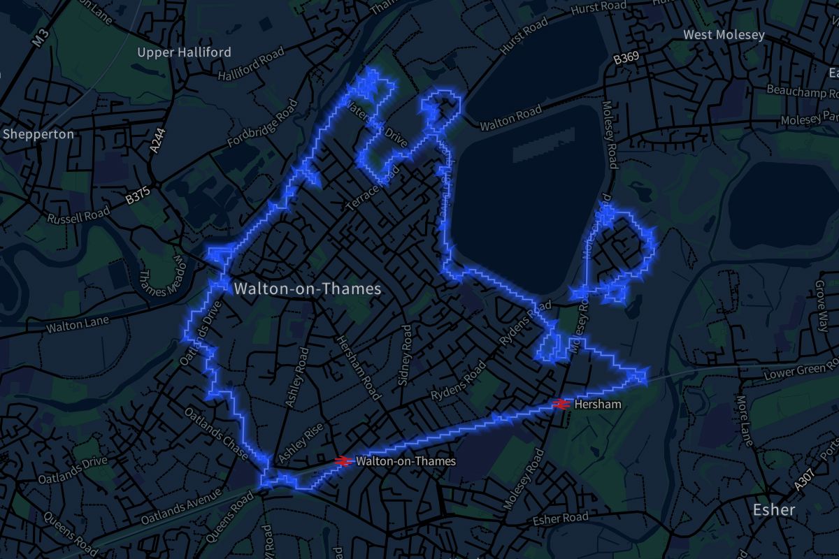 Walton-on-Thames geographic boundaries dark outline