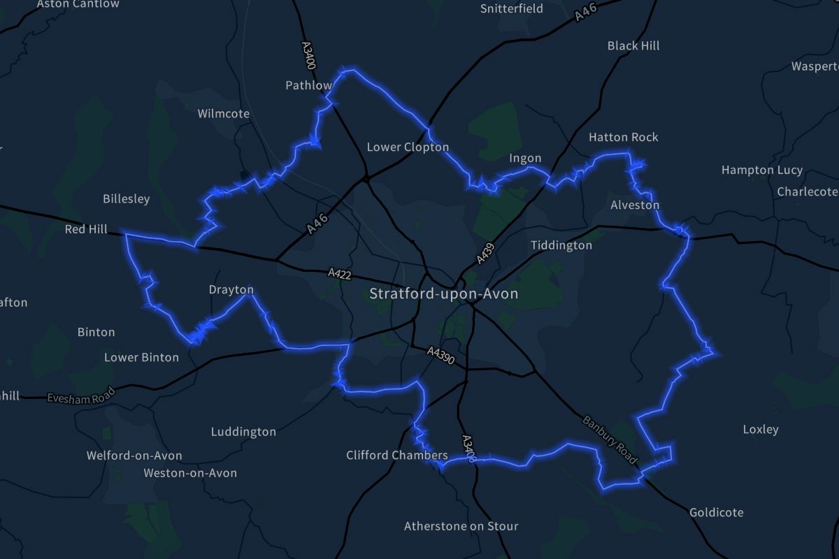 Stratford-upon-Avon geographic boundaries dark outline