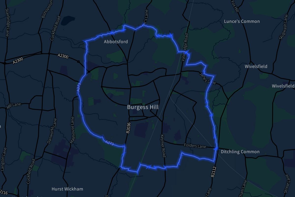 Burgess Hill geographic boundaries dark outline