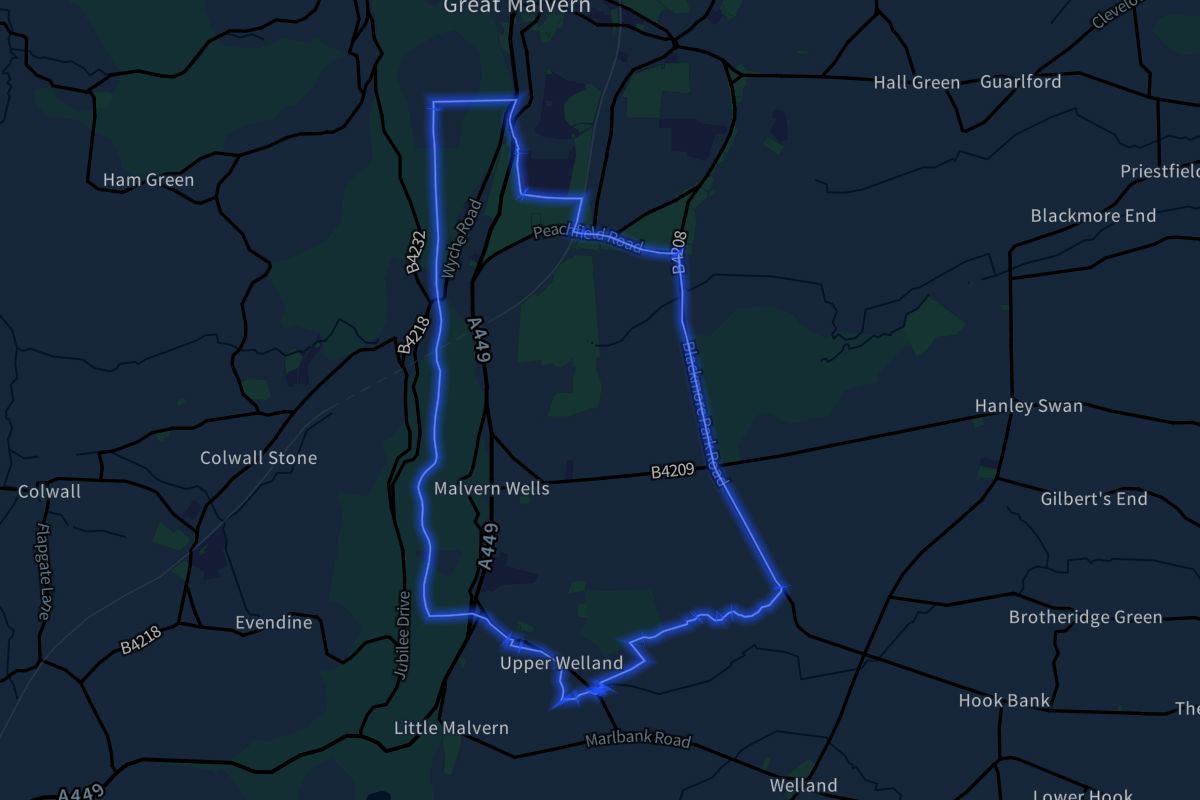 Malvern Wells geographic boundaries dark outline